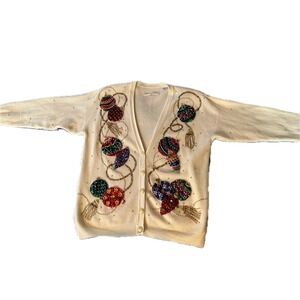 Vintage 1994 Christmas Women's M Cream Beaded Ornament Cardigan Sweater